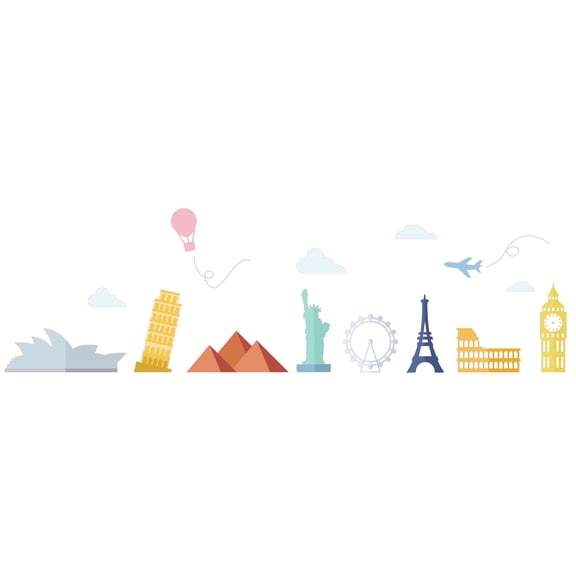 Vinyl 9" x 28" Multicolored Famous Buildings From Different Parts Of The World Wall Decoration Landscape Mural Art Design Home Living Room Adhesive Wall Decal Sticker