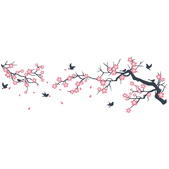 Vinyl Adhesive 20" x 56" Sakura Tree Branches Flowers Bird Animal Silhouettes Home Decoration Landscape Floral Art Girly Design Kids Bedroom Cherry Blossoms Wall Decal Sticker