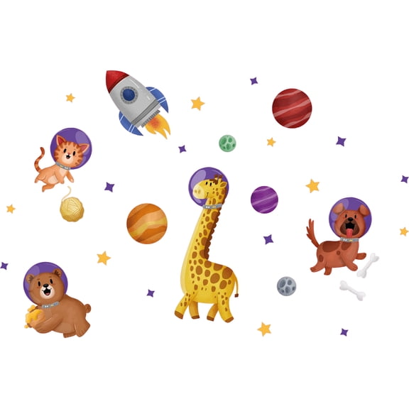 Vinyl Adhesive Kids Bedroom Multicolored Outer Space Themed Wall Decal Sticker - 13" x 20" Removable Home Living Room Nursery Animals And Space Design Planets Stars Spaceship Wall Art Decoration