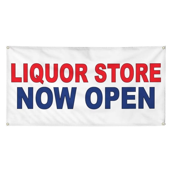Vinyl Banner Multiple Sizes Liquor Store Now Open Red Blue Business Outdoor Weatherproof Industrial Yard Signs 6 Grommets 36x72Inches