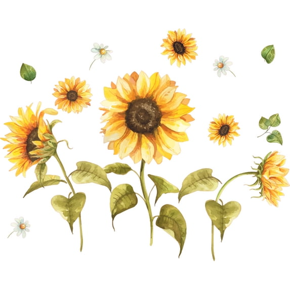 Vinyl Bedroom Living Room Sunflowers Adhesive Wall Decal Design | 16 Inches x 20 Inches Home Art Helianthus Flowers Decor Sticker Removable Flowering Plants Trees Wall Decoration - Multi-colored