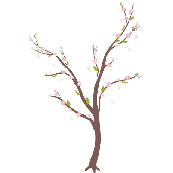 Vinyl Cherry Blossom Tree 20" x 29" Adhesive Wall Decoration Sticker Pink Flowers Green Leaves Design Easy To Apply Home Bedroom Living Room Wall Decal