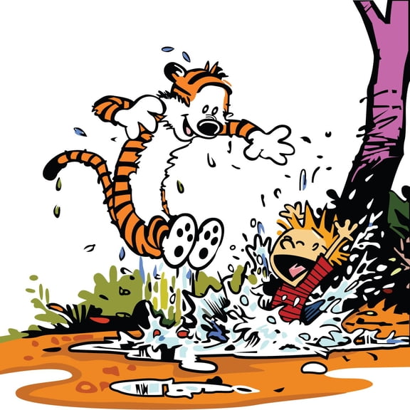 Vinyl Children's Bedroom Calvin And Hobbes Playing Wall Decal | 28" x 28" Home Art Young Boy And Tiger Comic Strip Adhesive Decor Design Removable Living Room Nursery Decoration Sticker - Multicolor