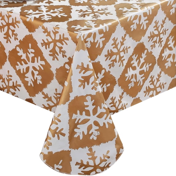 Vinyl Christmas Tablecloth with Flannel Backing 60 x 120 Inch, Snowflake Waterproof Plastic Table Cloth,Heavy Duty Table Cover for Xmas Winter New Year Holiday Dinner, Gold
