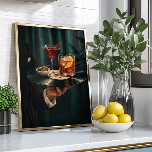 Vinyl Cocktail Tray Print, Moody Bar Printable, Retro Lounge Wall Art Size 24x36 Unframed Poster