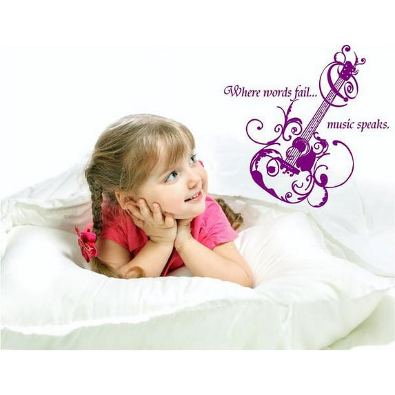 Vinyl Decal: Flourished Guitar Vinyl Decal | Size = 20"x20" | "When Words Fail Music Speaks" | Vinyl Wall Sticker for Musician