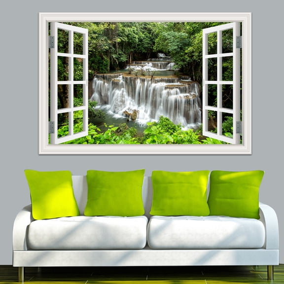 Vinyl Decal Waterfall Tree Fake Window Wall Poster Green Tree Lake Wall Sticker Wallpaper Peel and Stick for Kitchen Living Room Decor