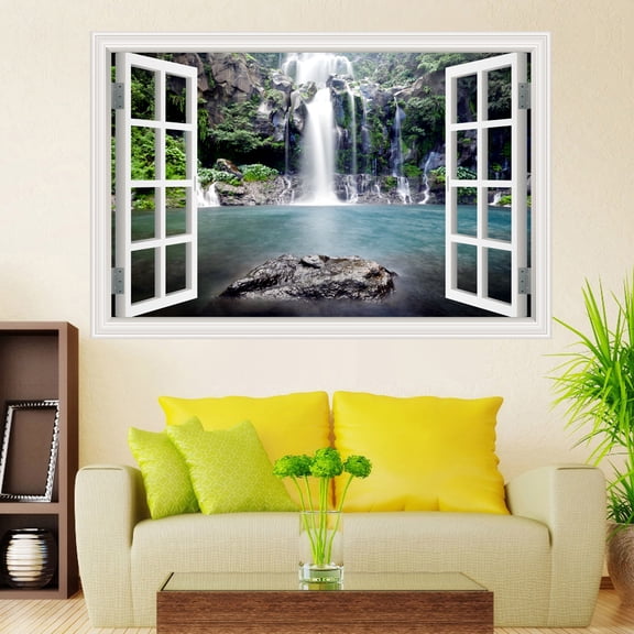 Vinyl Decal Waterfall Tree Fake Window Wall Poster Green Tree Lake Wall Sticker Wallpaper Peel and Stick for Kitchen Living Room Decor