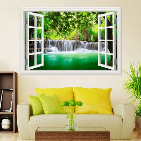 Vinyl Decal Waterfall Tree Fake Window Wall Poster Green Tree Lake Wall Sticker Wallpaper Peel and Stick for Kitchen Living Room Decor