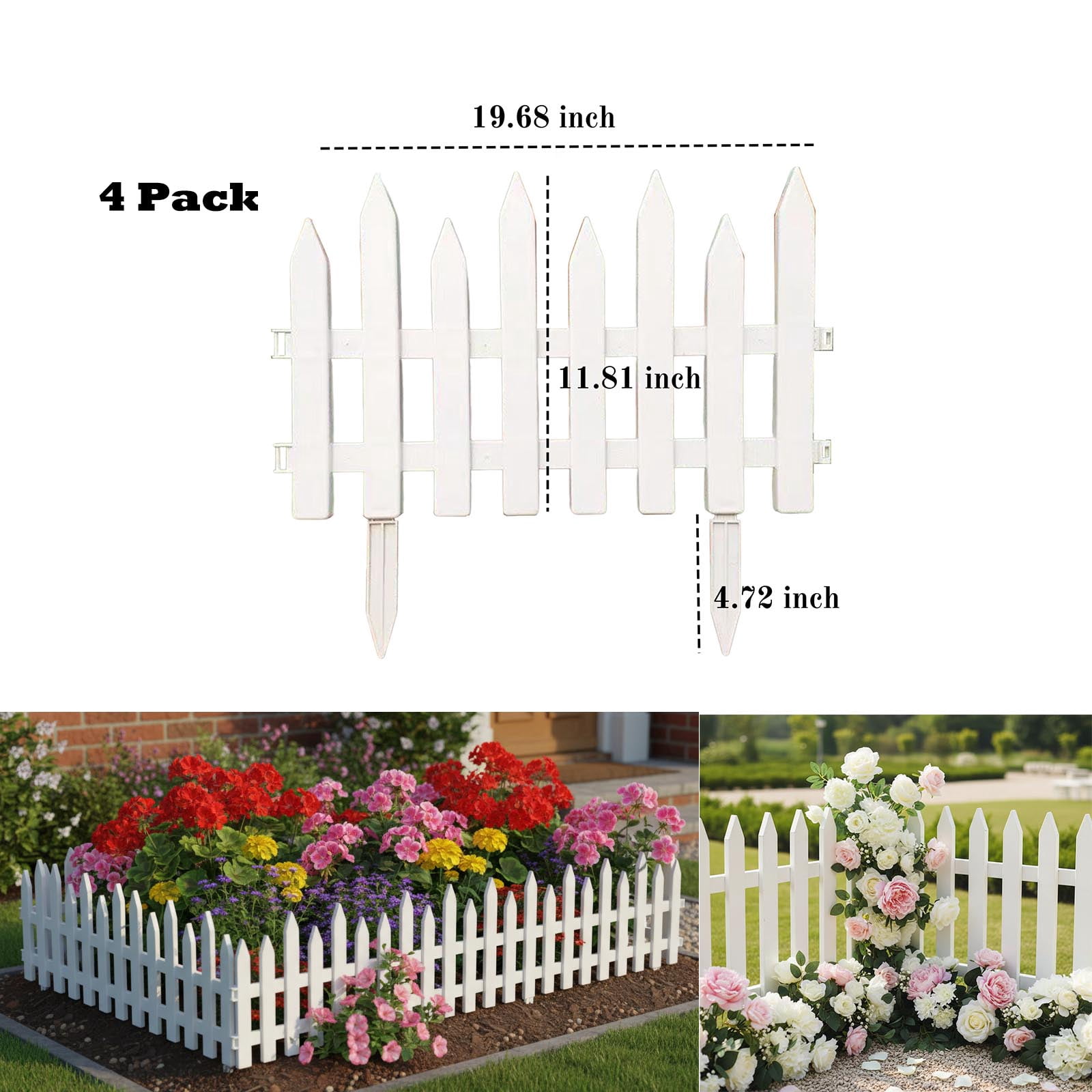 Vinyl Decor Garden Fence Grass Lawn Flower Bed Border White Edging Garden Picket Fence,4 Pack