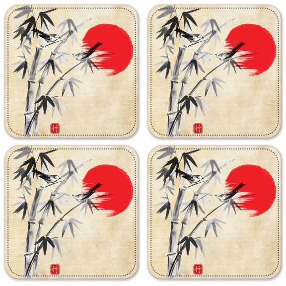 Vinyl Drink Coasters - Set of 4 - Birds on Bamboo Drawing