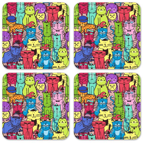 Vinyl Drink Coasters - Set of 4 - Colorful Cat Toss