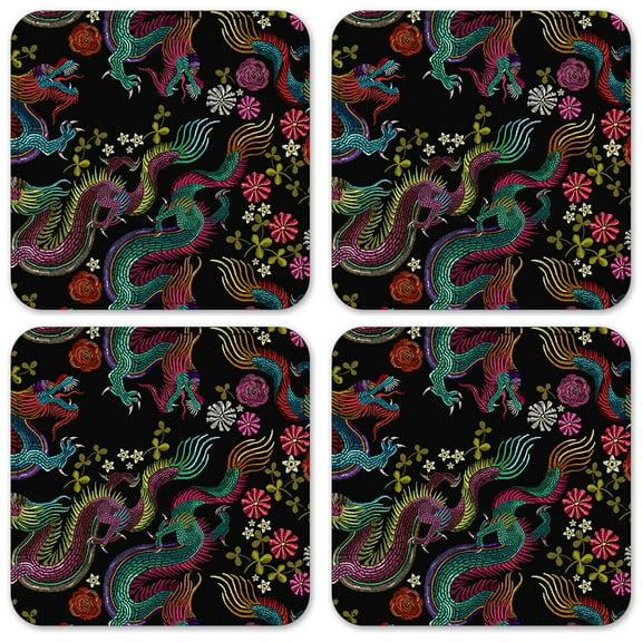 Vinyl Drink Coasters - Set of 4 - Colorful Dragon Toss