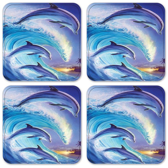 Vinyl Drink Coasters - Set of 4 - Dolphins in the Wave