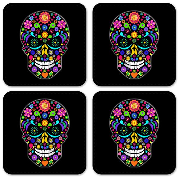 Vinyl Drink Coasters - Set of 4 - Multi Color Sugar Skull
