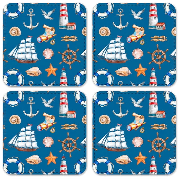Vinyl Drink Coasters - Set of 4 - Nautical Seamless