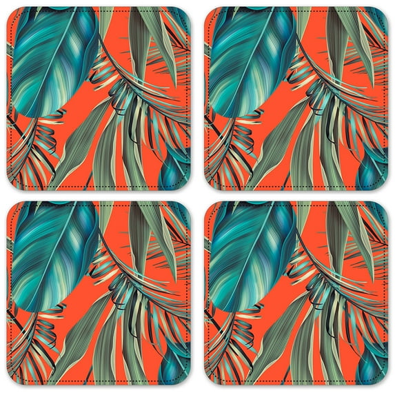 Vinyl Drink Coasters - Set of 4 - Palm Fronds with Orange Background