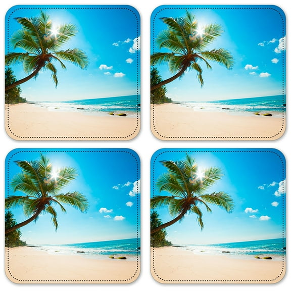 Vinyl Drink Coasters - Set of 4 - Palm Tree and Beach
