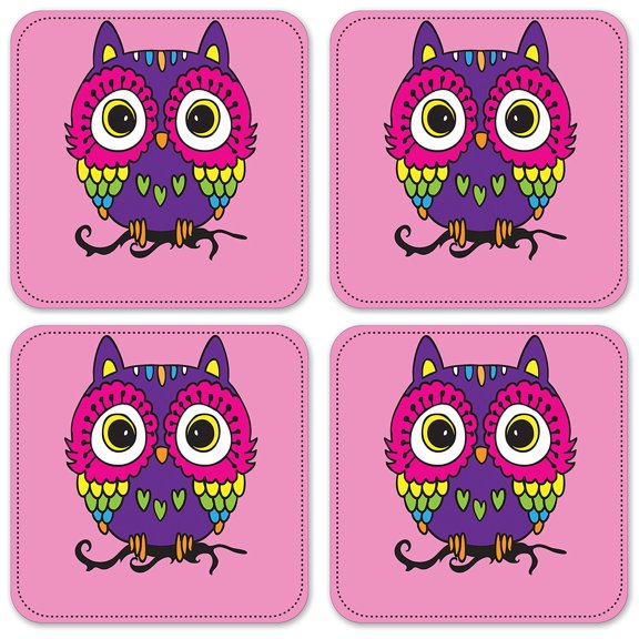 Vinyl Drink Coasters - Set of 4 - Pink Owl