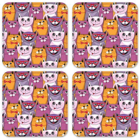 Vinyl Drink Coasters - Set of 4 - Pink, Purple & Orange Cats