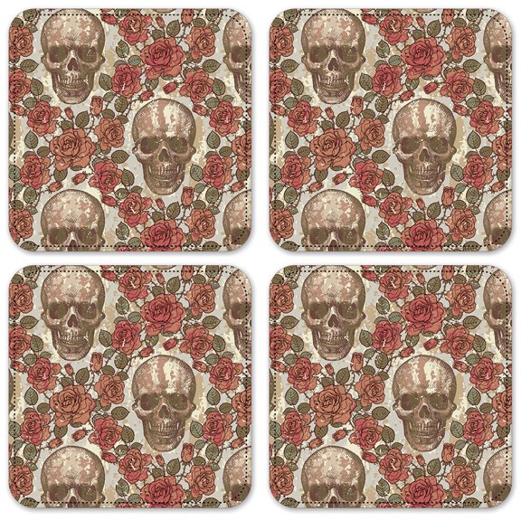 Vinyl Drink Coasters - Set of 4 - Skulls and Roses