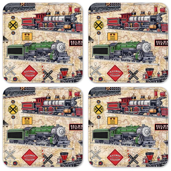 Vinyl Drink Coasters - Set of 4 - Steam Locomotives (tan) - Image by Dan Morris