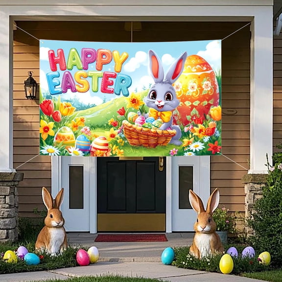 Vinyl Easter Backdrop with Bunny and Eggs - Waterproof Easter Photo Backdrop for Indoor Outdoor Party Decorations, Easter Props