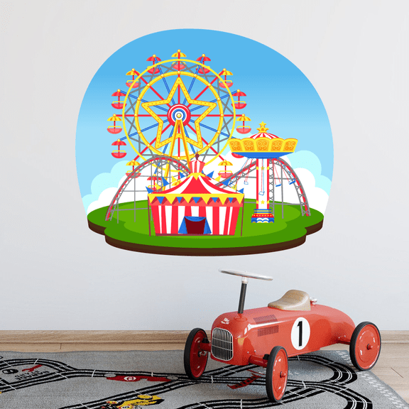 Vinyl Ferris Wheel Roller Coaster Swing Carousel & Big Carnival Tent Wall Decal - 22" x 28" Removable Kids Bedroom Living Room Carnival Rides Adhesive Home Art Amusement Theme Park Sticker Decoration