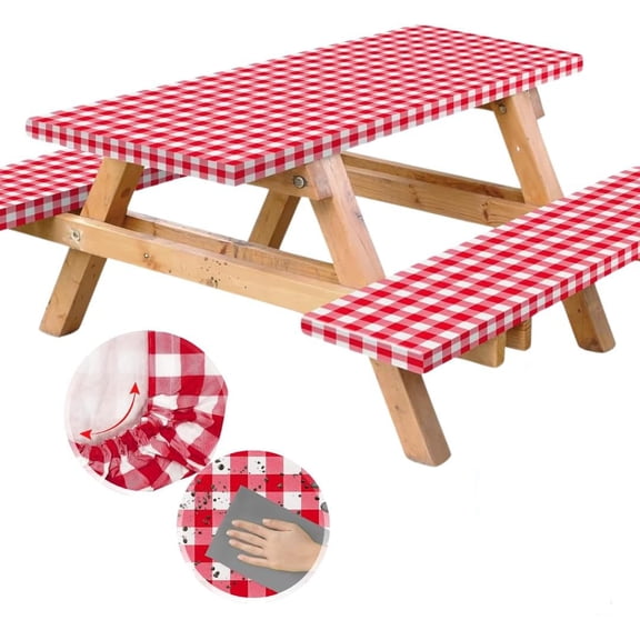 Vinyl Fitted Picnic Table Cover with Bench Covers , 6ft Outdoor Waterproof Picnic Tablecloth with Elastic Edges, 72x30 Inches 3 Pcs Set (Red Checkered)