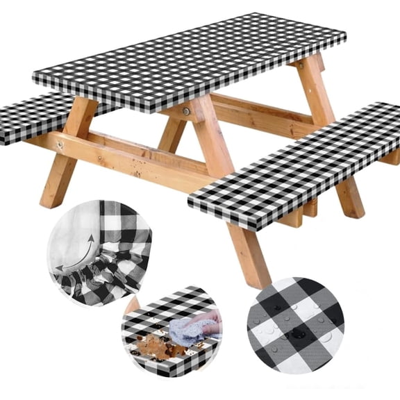 Vinyl Fitted Picnic Table Cover with Bench Covers, 6ft Outdoor Waterproof Windproof Tablecloth with Elastic Edges. Camping RV Gear Campers Must Have 72x30 Inches (Black)