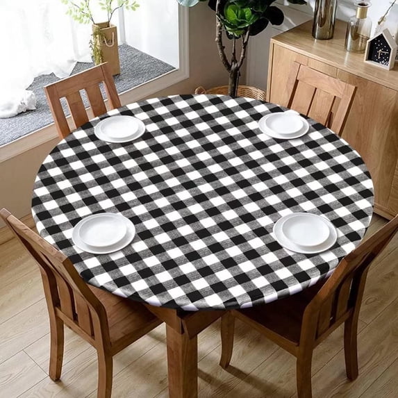 Vinyl Fitted Round Table Cover with Elastic, Black and White Checkered Tablecloth with Flannel Backing Plaid Table Cloth for Indoor Outdoor Picnic Party (Fit for 45"-52" Round Tables)