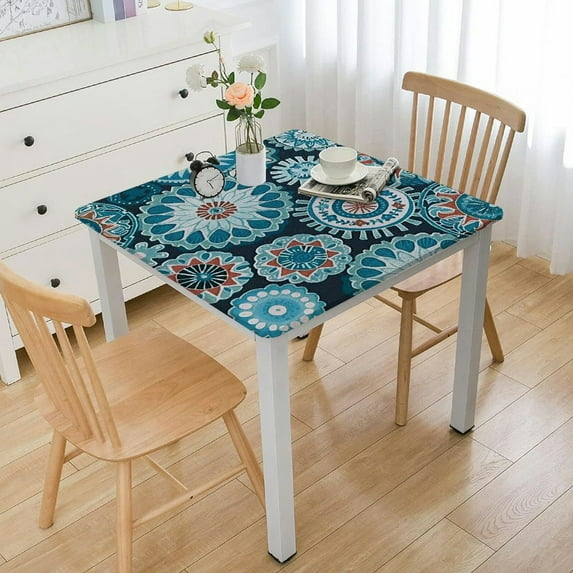 Vinyl Fitted Tablecloth, Aqua Print Polyester Table Cloth, Floral Leaves Rounds, Fit Tables, for /Parties/Home, Turquoise Teal White
