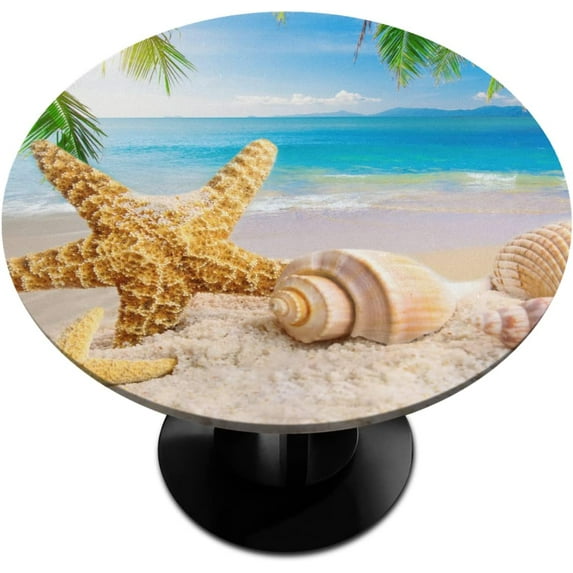 Vinyl Fitted Tablecloth Elastic Edge Design Heavy Duty Starfish Ocean Conch Table Cover Waterproof Oil-Proof PVC Table Cloth Stain-Resistant Wipeable for Round Table Diameter