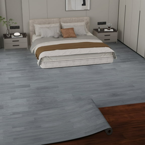 Vinyl Flooring Roll PVC Wood Plank Floor Covering with Tape 39.3" X 118" Light Gray