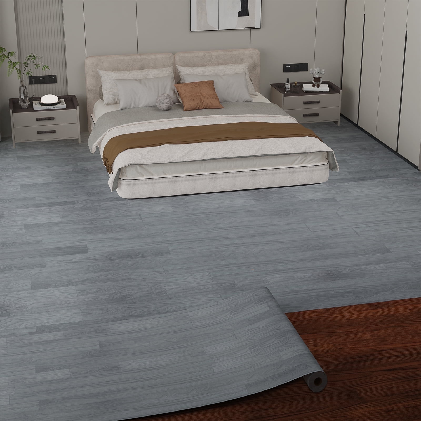 Vinyl Flooring Roll PVC Wood Plank Covering with Tape 39.3" X 196" Light Gray