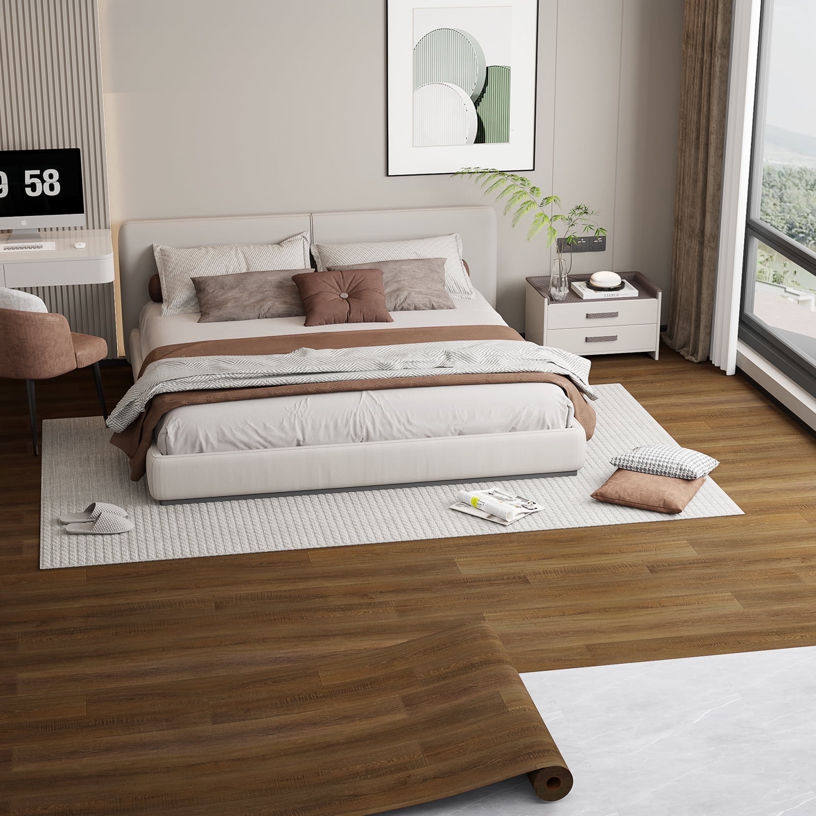 Vinyl Flooring Roll PVC Wood Plank Covering with Tape 39.3" X 393" Yellow