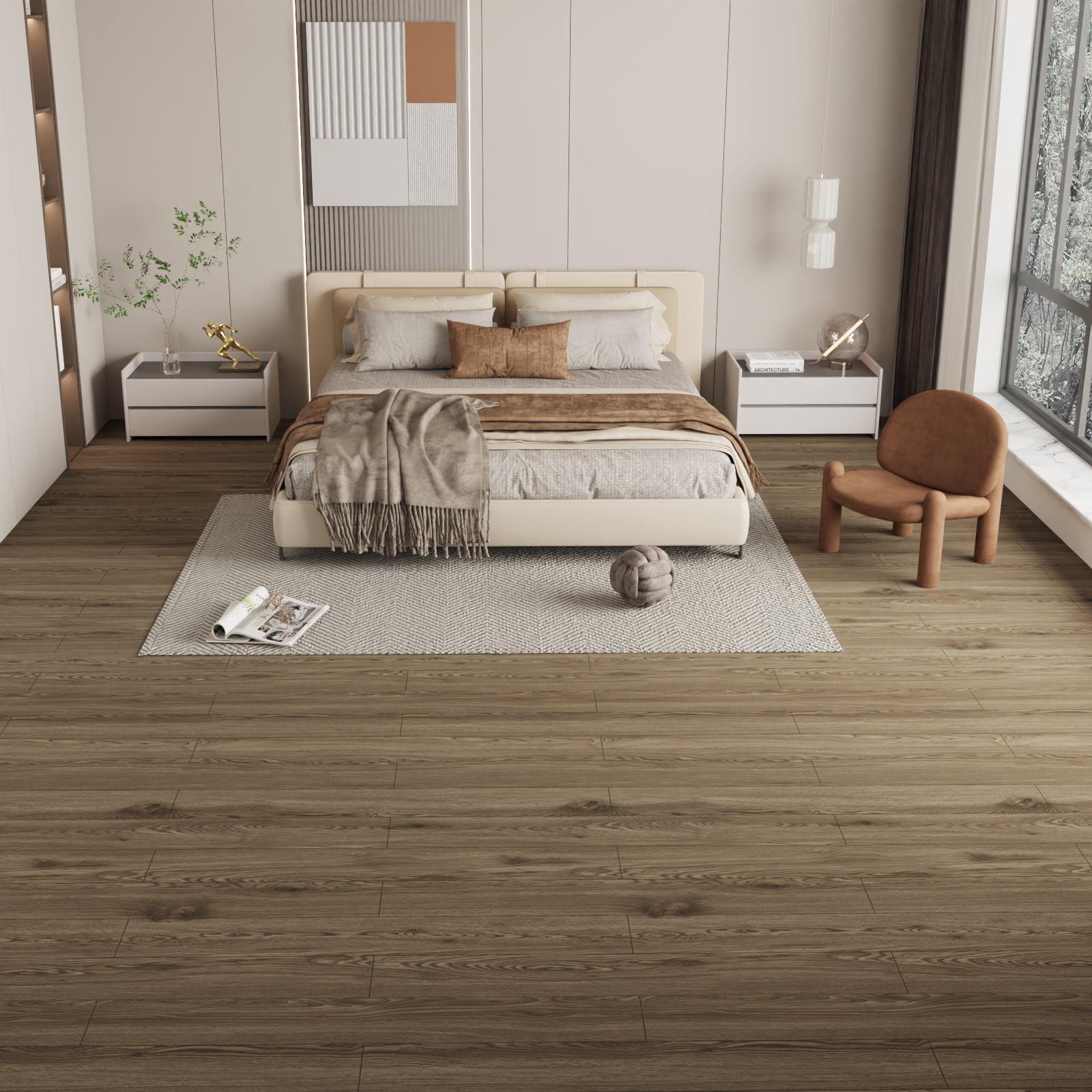 Vinyl Flooring Roll PVC Thickened Peel and Stick Floor Wood Plank Self Adhesive Flooring DIY 23.6" X 196" Brown