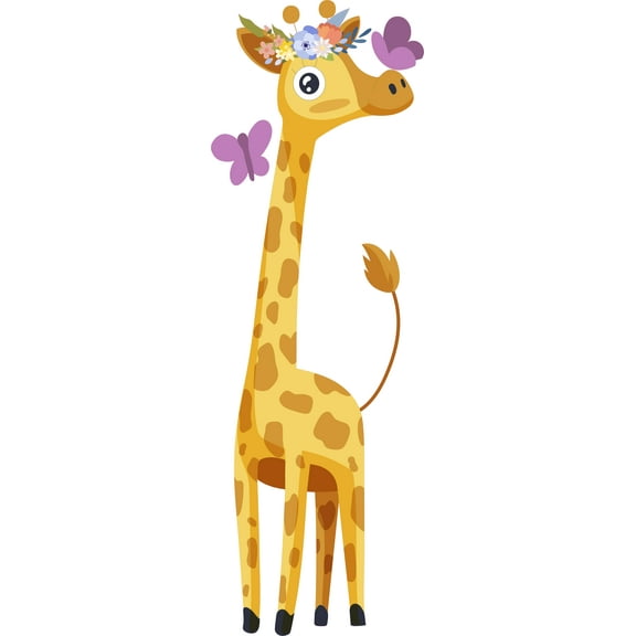Vinyl Giant Giraffe Decal - Home Living Room Multicolored Zoo Safari Animal Decoration Cartoon Style Design Adhesive Wall Decal - 20" x 57" Kids Bedroom Floral Crown Art Removable Wall Decor Sticker