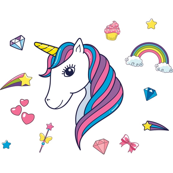 Vinyl Home Art Decor Rainbow And Unicorns Design Wall Decoration Sticker - 14" x 20" Kids Bedroom Living Room Adhesive Unicorn Horse Pony Removable Golden Horn Rainbow Hair Wall Decal | Multi-color