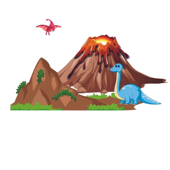 Vinyl Home Art Lava Volcano Decor Pterodactyl And Brachiosaurus Design Adhesive Wall Decal Sticker - 11" x 20" Removable Kids Bedroom Living Room Plant Eating And Flying Dinosaurs Wall Decoration
