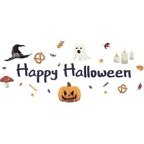 Vinyl Home Living Room Art Happy Halloween Quote Trick Or Treat Decor Ghosts Witch Hat Jack O Lanterns Design Adhesive Wall Decal - 9" x 20" Kids Bedroom Multicolored Wall Decoration Sticker