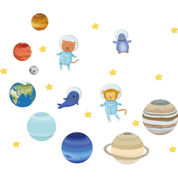 Vinyl Home Nursery Living Room Art Outer Space Themed Design Cartoon Style Decoration Vinyl Wall Decal - 16" x 20" Removable Animals & Space Multicolored Planets Kids Bedroom Wall Decor Sticker