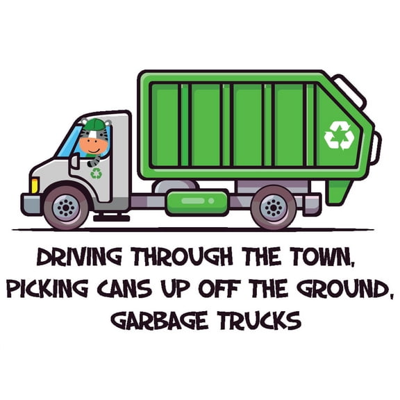 Vinyl Kids Bedroom Garbage Truck Zebra Trash Collector Quote Decoration 19" x 28" Lettering Art Design Adhesive Wall Decal - Driving Through The Town Picking Cans Up Off The Ground Garbage Trucks