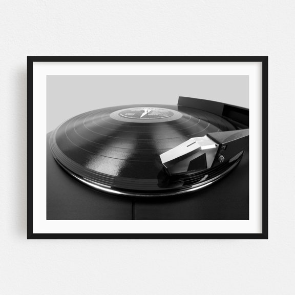 Vinyl LP and Turntable - Photography Music Retro Vintage Black and White Nostalgia Black Framed Wall Art Print 5 x 7 inches