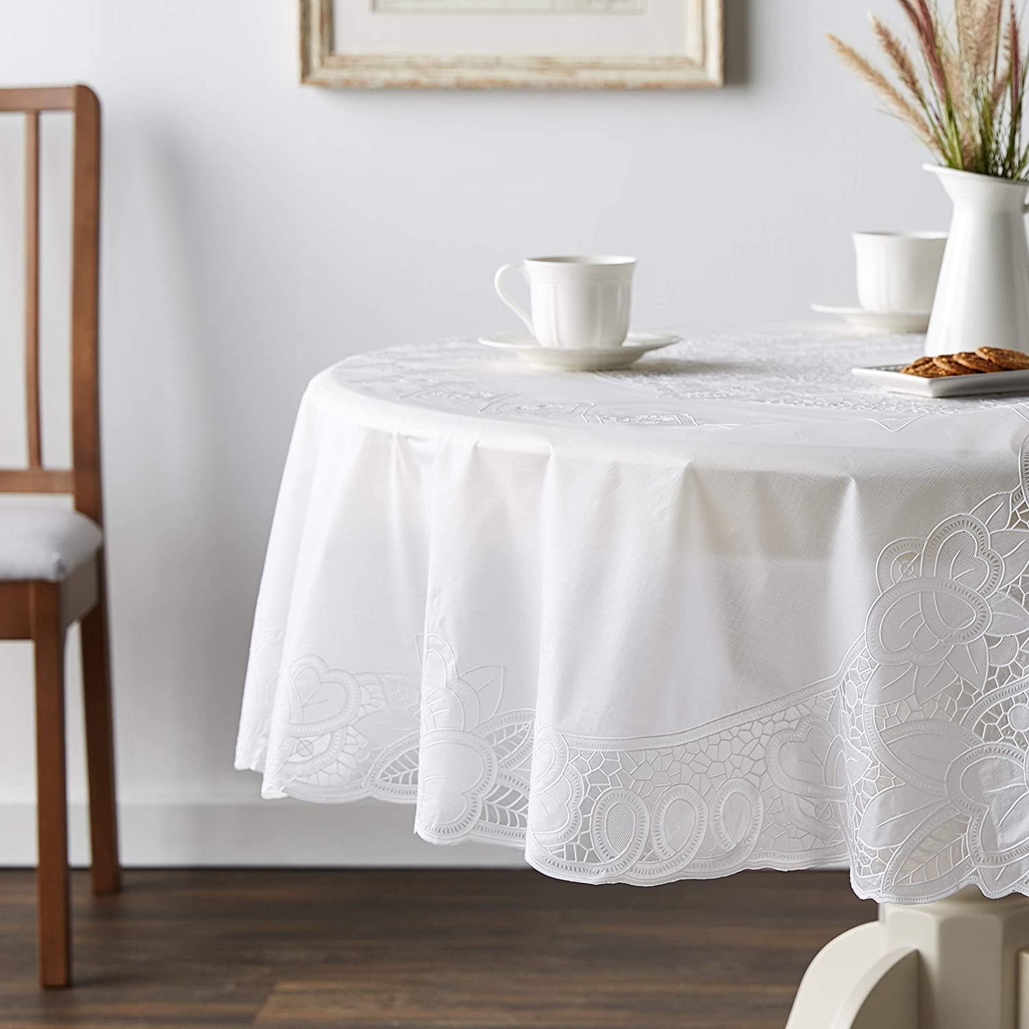 White Round Vinyl Lace Detailed Tablecloth, 72"