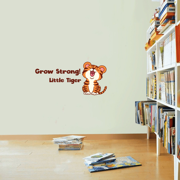 Vinyl Living Room Happy Baby Cub Cat Animal Adhesive Decor Design Home Wall Art Decal Quotes - Grow Strong Little Tiger | 22" x 36" Removable Children's Room Nursery Decoration Sticker