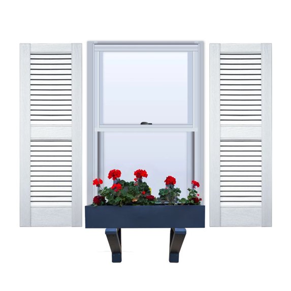 Vinyl | Louvered Exterior Shutters | 12" Width | Straight Top | with Mid Rail (50/50 Split) | 1 Pair