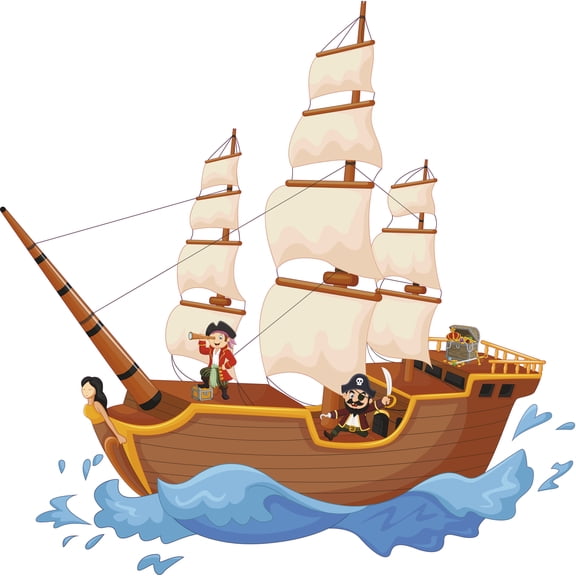 Vinyl Nursery Room Bedroom Pirate Ship Viking Ship Decoration Captain Pirate And Crew Treasure Chest Design Removable Home Wall Decal - 22" x 28" Adhesive Kids Bedroom Large Boat Wall Decor Sticker