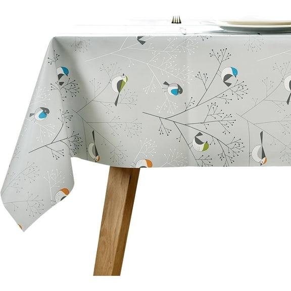 Vinyl Oilcloth Tablecloth Rectangular Spillproof Waterproof Wipeable PVC Plastic Large Tablecloths for Card Table Tablecloth - Bird Silver Gray 54 x 72 Inch