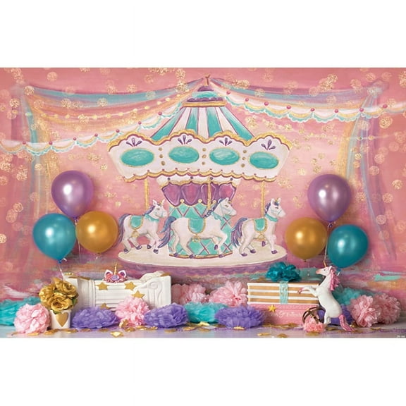Vinyl Photography Background Pink Carousel Ribbon Spots Unicorn Balloon Newborn Birthday Party Custom Photo Backgrounds ZR-182